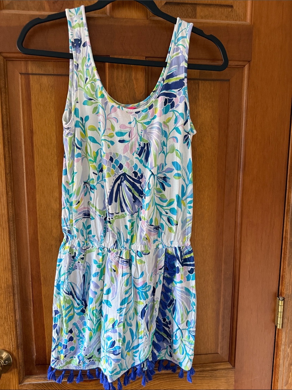 Lilly Pulitzer Blue, Green & White Floral One-Piece Romper with Tassels